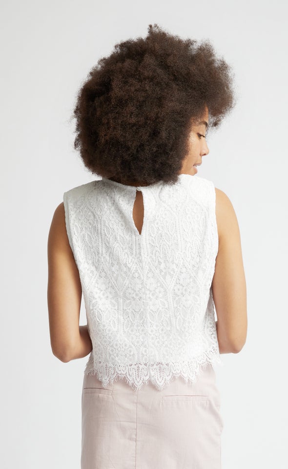 Scallop Lace Padded Shoulder Tank Black