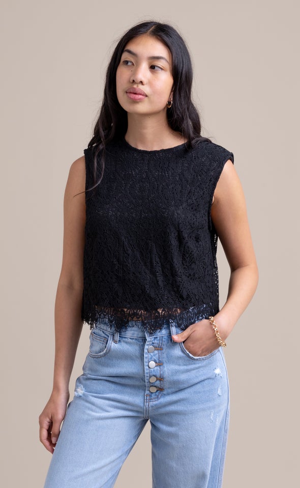 Scallop Lace Padded Shoulder Tank Black