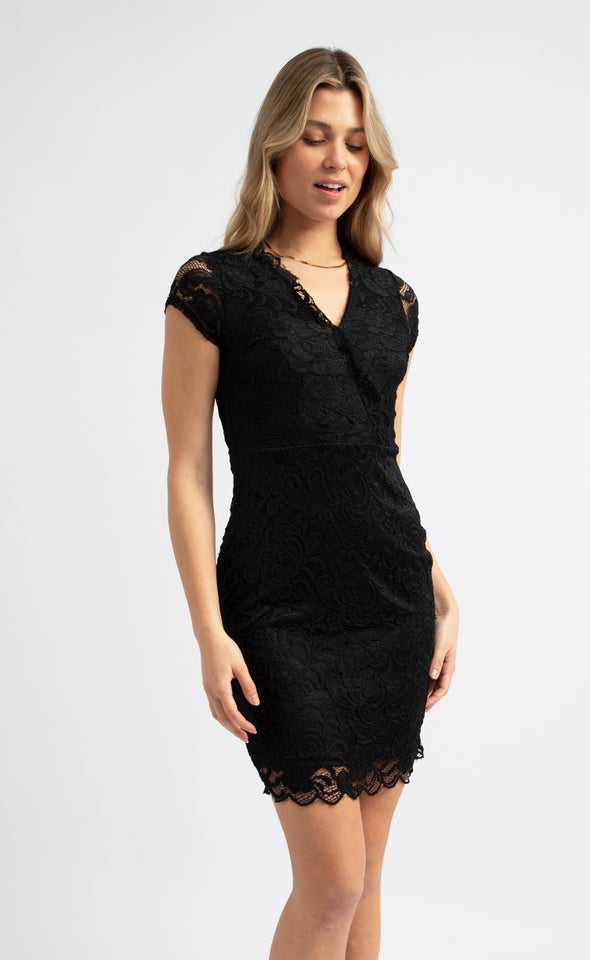 Scallop Lace Short Sleeve Dress Black