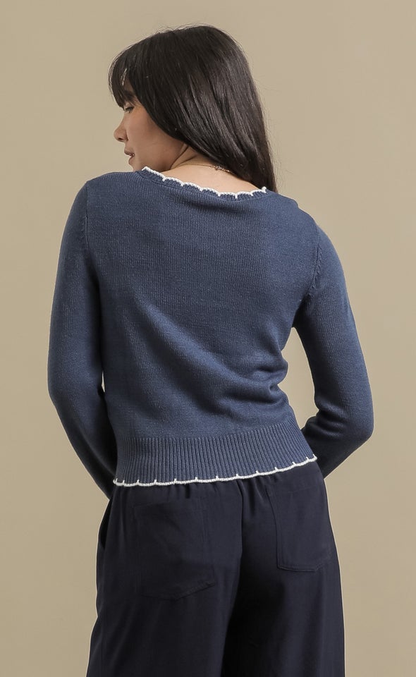 Scallop Stitch Round Neck Sweater Indigo