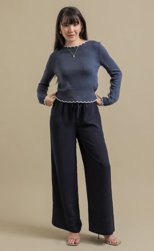 Scallop Stitch Round Neck Sweater Indigo