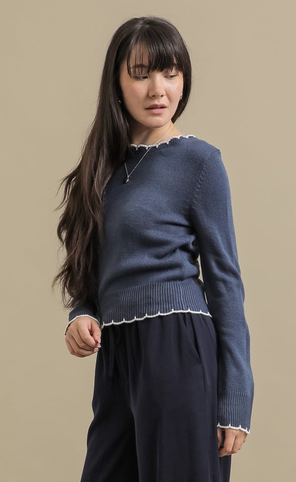 Scallop Stitch Round Neck Sweater Indigo