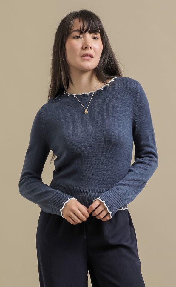 Scallop Stitch Round Neck Sweater Indigo