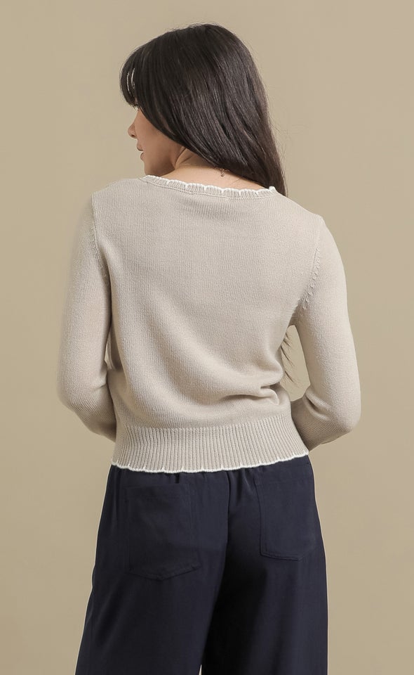 Scallop Stitch Round Neck Sweater Natural
