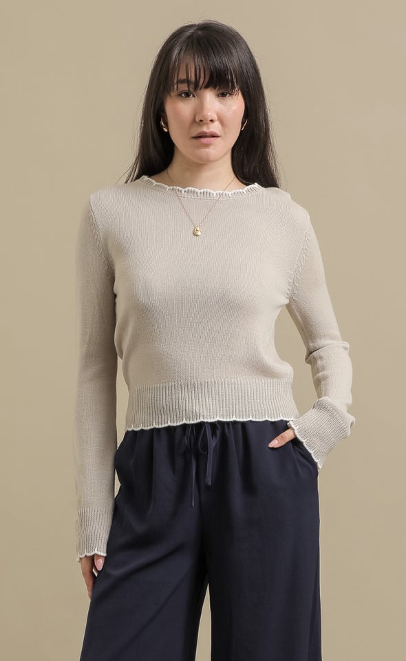 Scallop Stitch Round Neck Sweater Natural