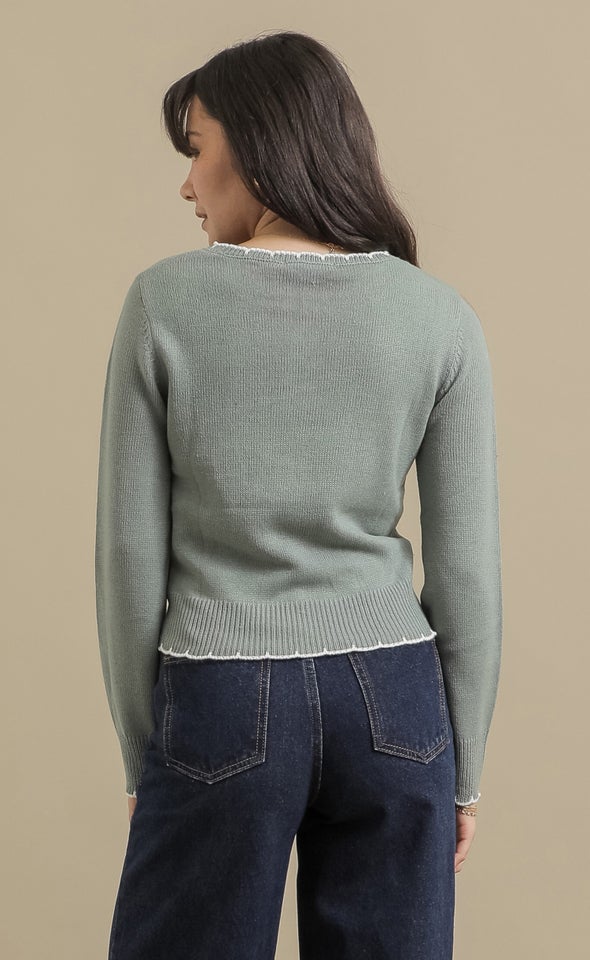 Scallop Stitch Round Neck Sweater Sage