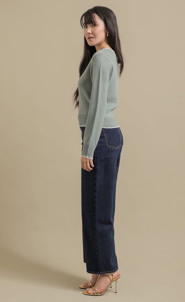 Scallop Stitch Round Neck Sweater Sage