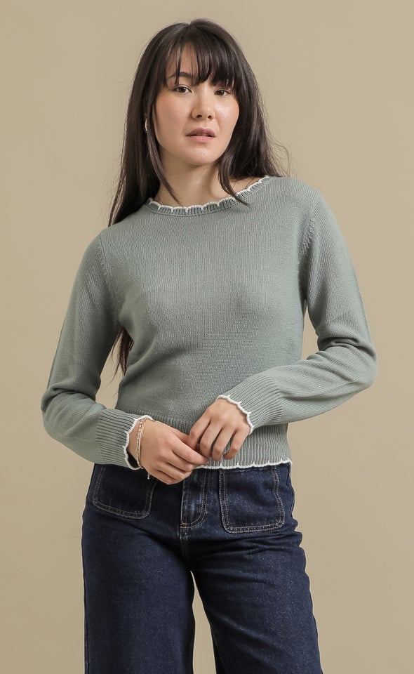 Scallop Stitch Round Neck Sweater Sage