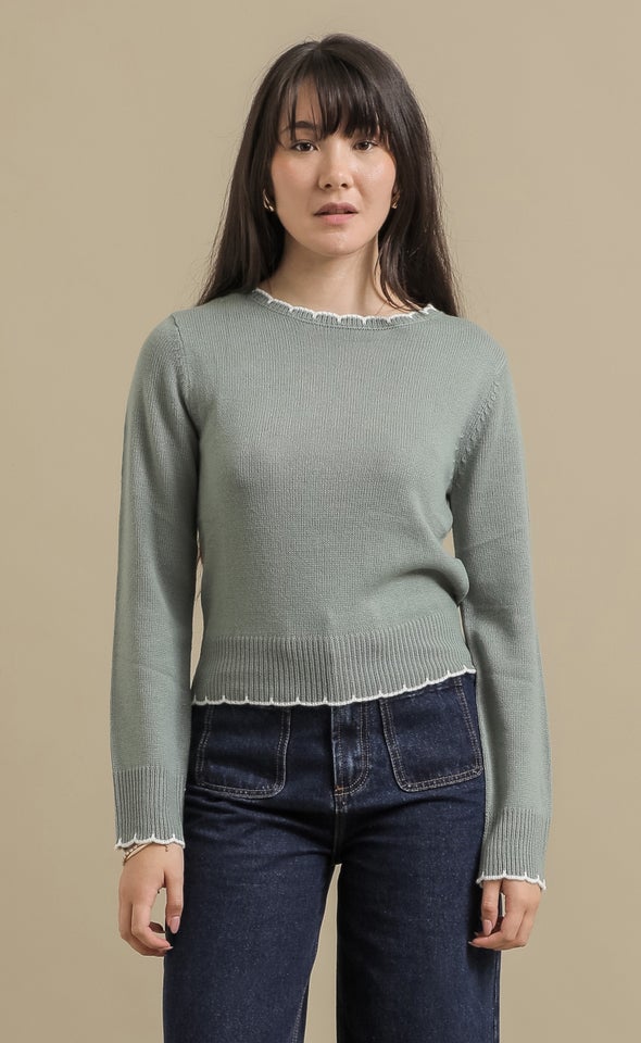 Scallop Stitch Round Neck Sweater Sage