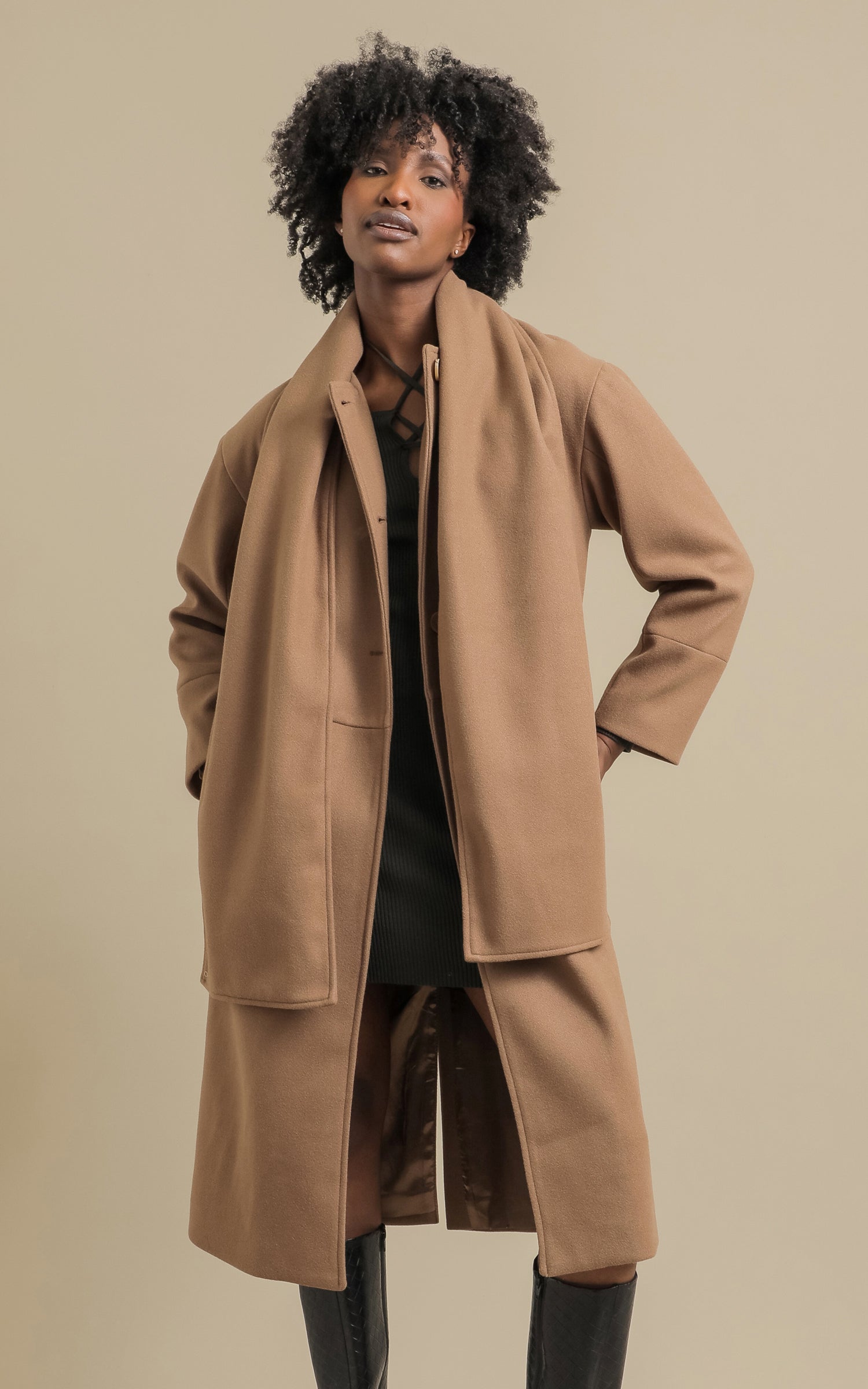 Shop our Scarf Detail Coat in Cocoa | Pagani