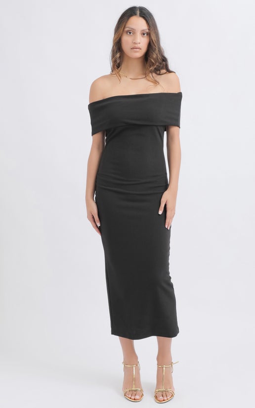 Shop our Scuba Bardot Midi Dress in Black | Pagani