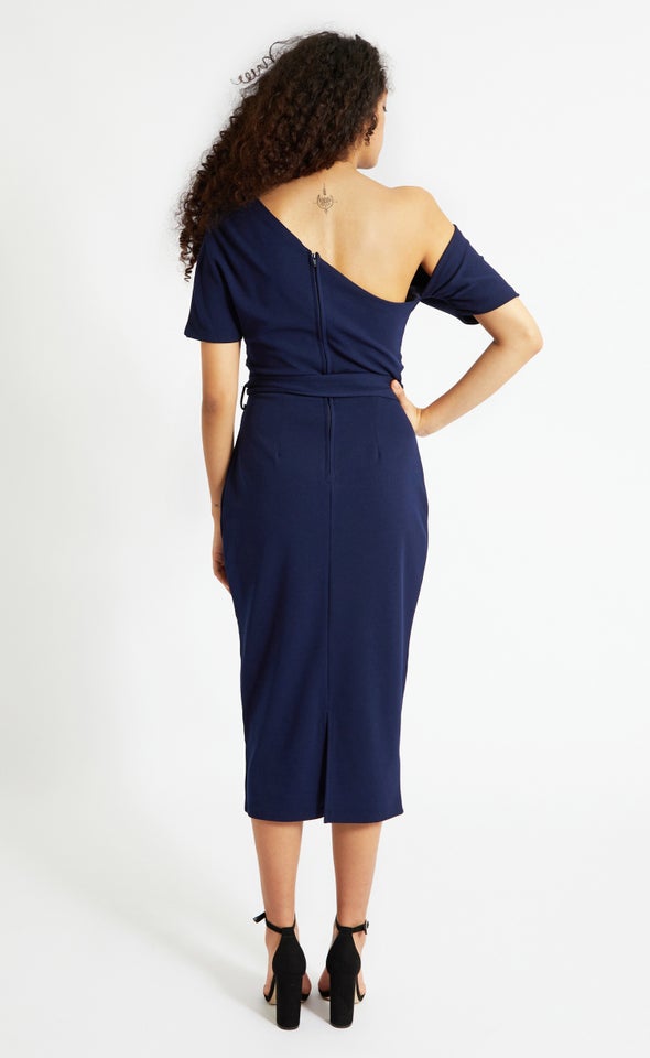 Scuba Ruched Shoulder Dress Navy