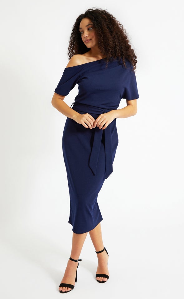 Scuba Ruched Shoulder Dress Navy