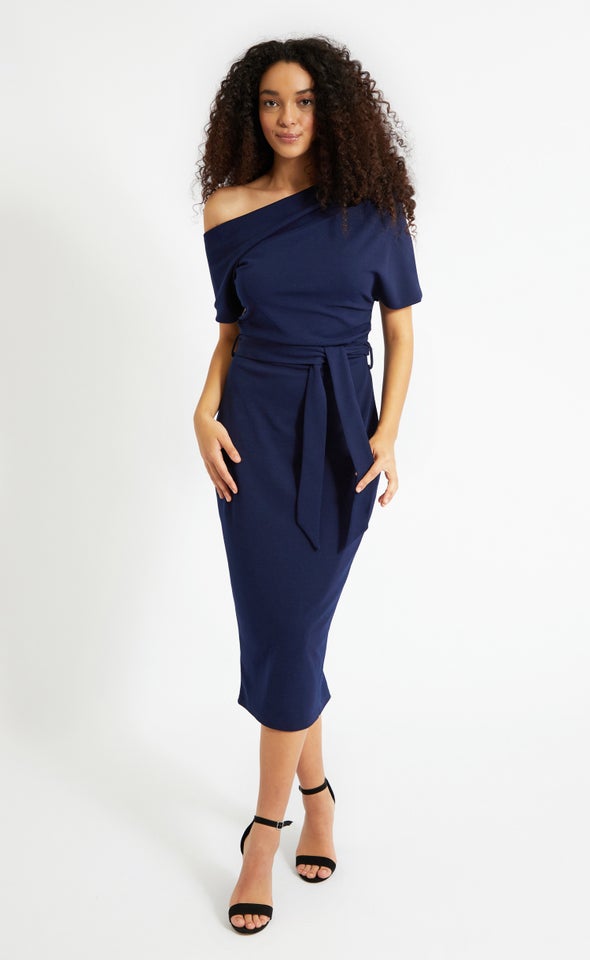 Scuba Ruched Shoulder Dress Navy