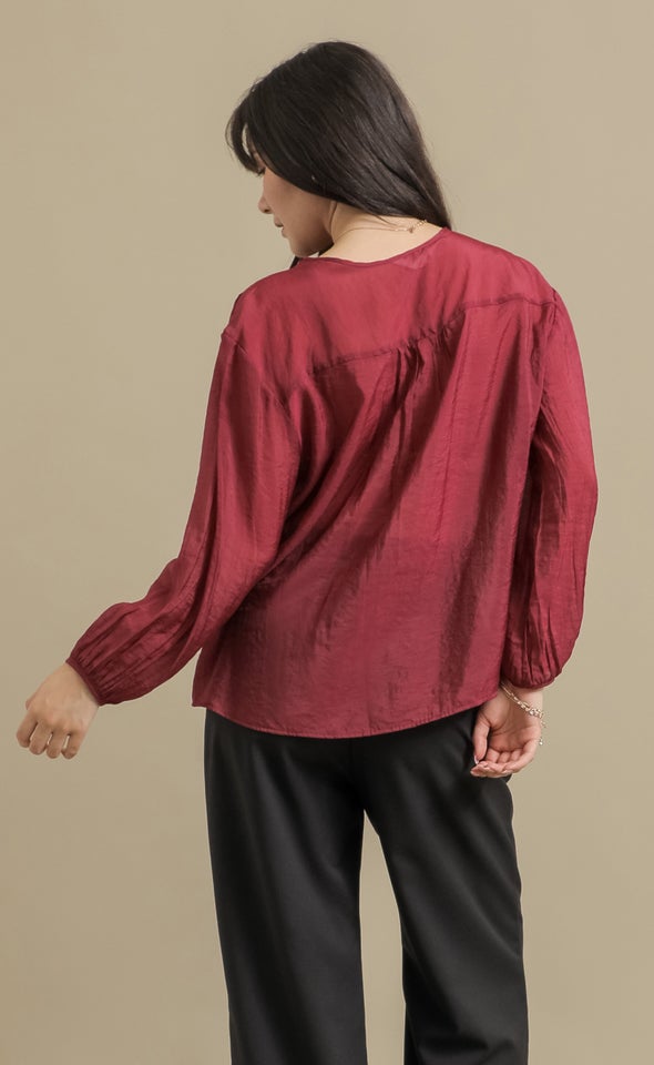 Sheer Voile V Neck Shirt Wine
