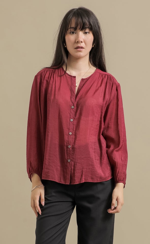 Sheer Voile V Neck Shirt Wine