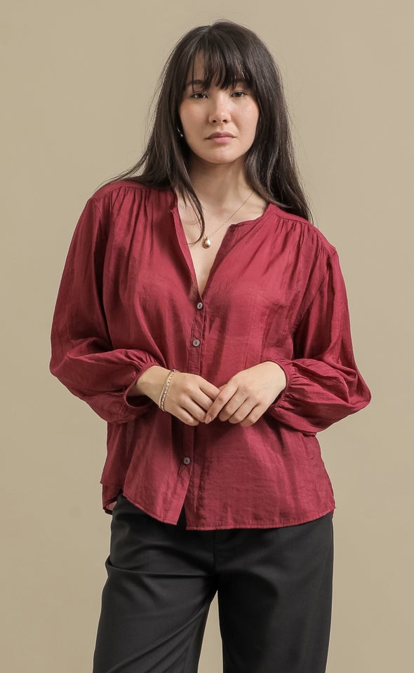 Sheer Voile V Neck Shirt Wine
