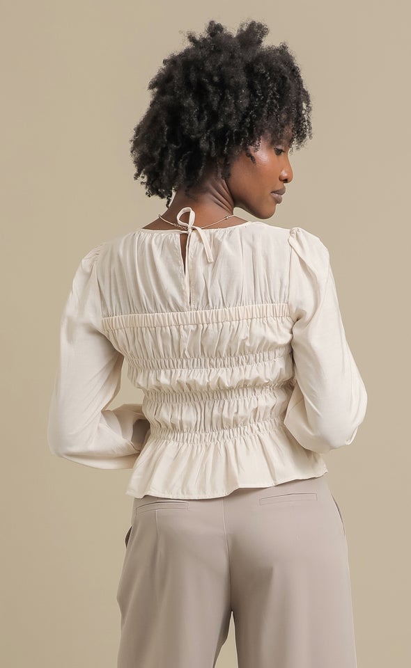 Shirred Detail LS Top Natural