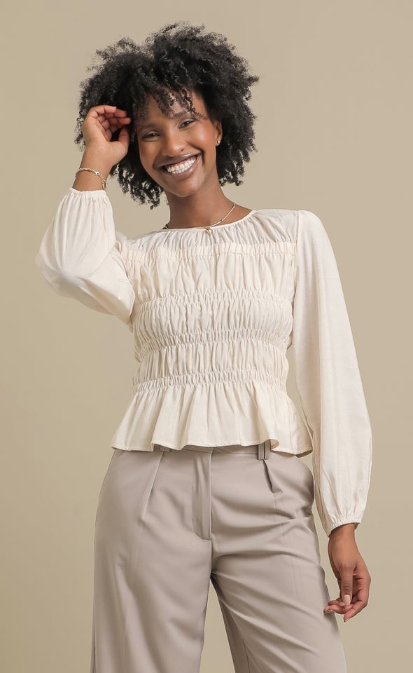 Shirred Detail LS Top Natural
