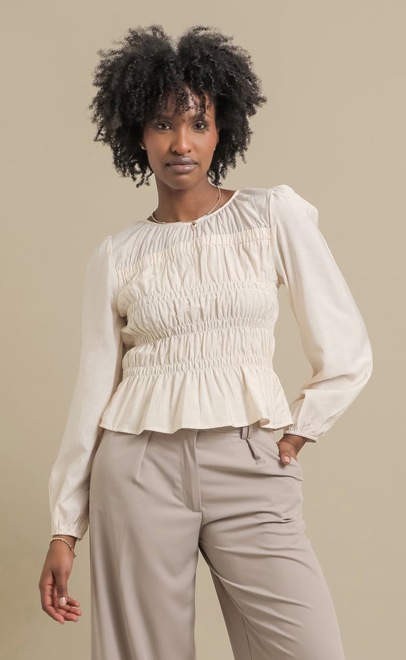 Shirred Detail LS Top Natural