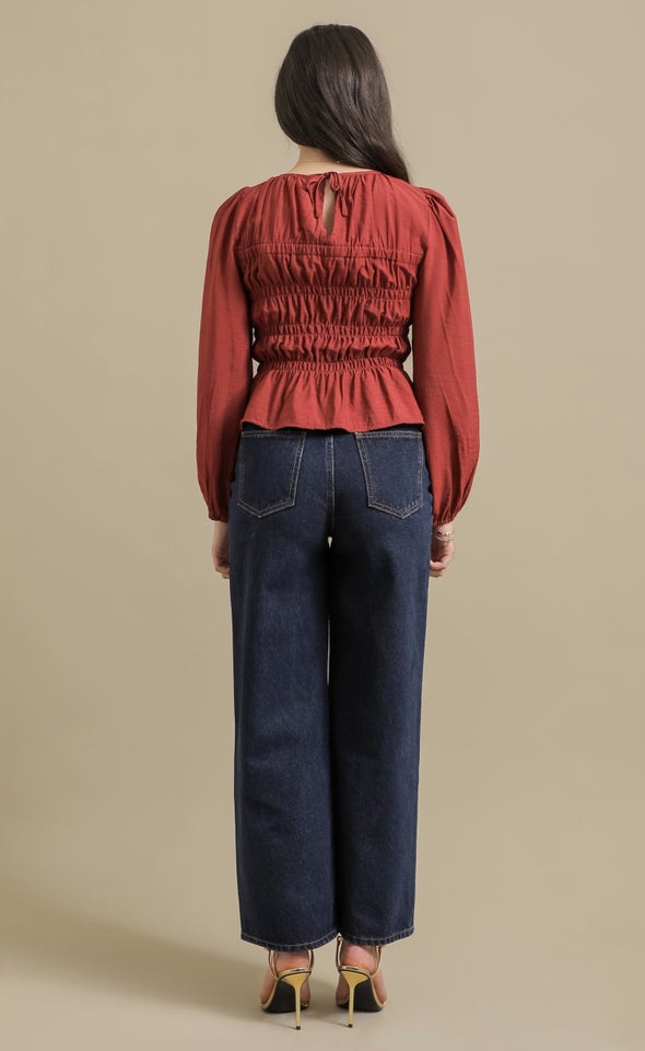 Shirred Detail LS Top Rust