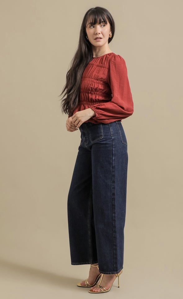 Shirred Detail LS Top Rust
