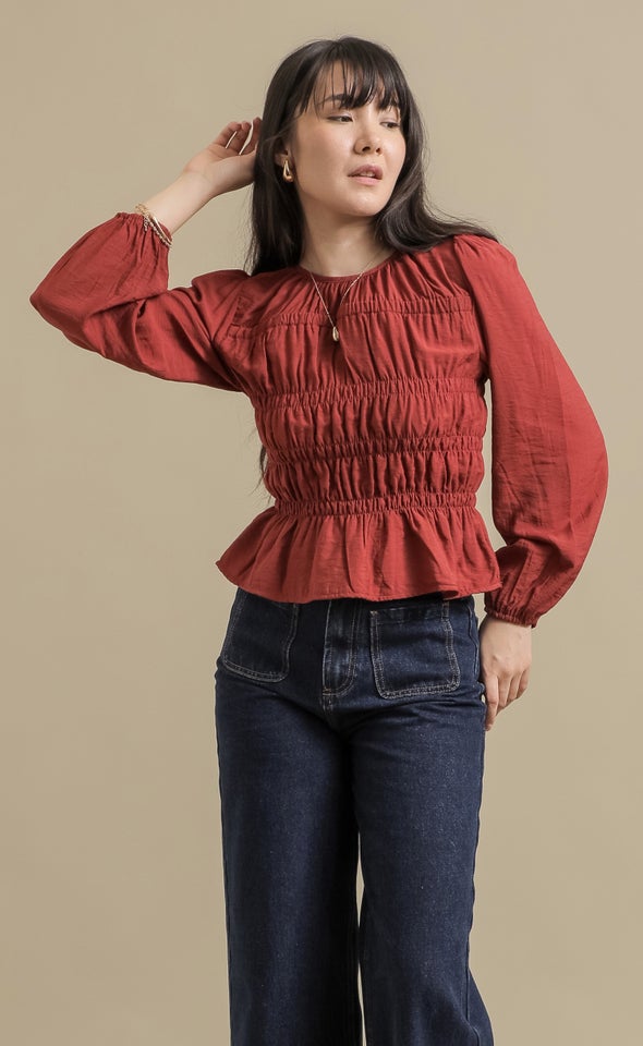 Shirred Detail LS Top Rust