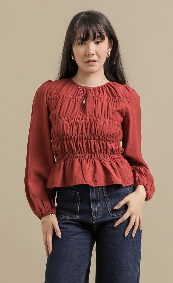 Shirred Detail LS Top Rust