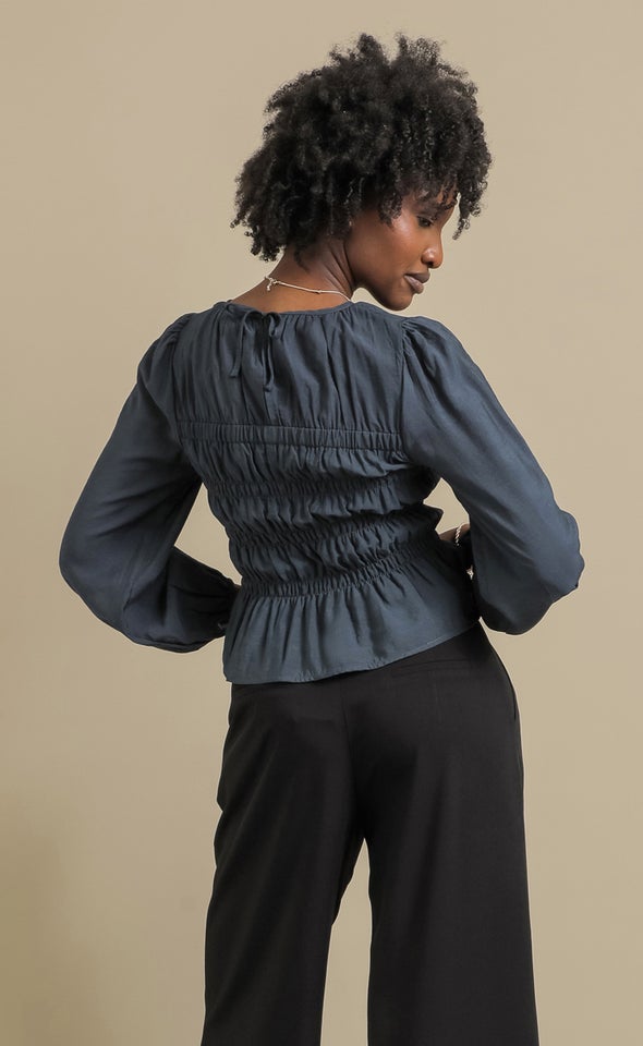 Shirred Detail LS Top Slate