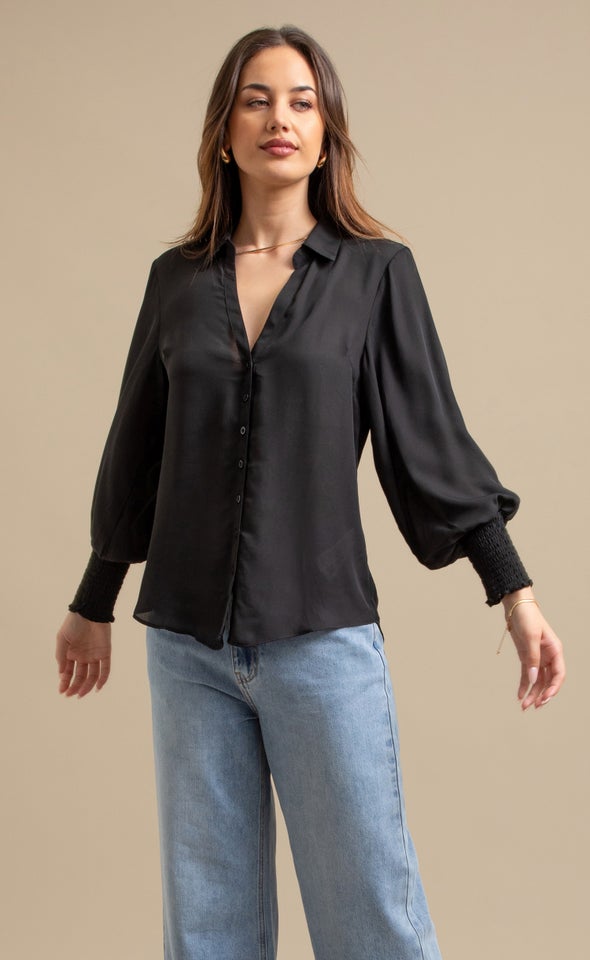 Shirred Sleeve CDC Shirt Black