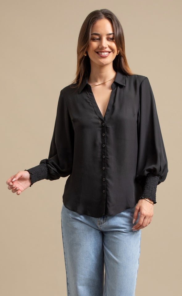 Shirred Sleeve CDC Shirt Black