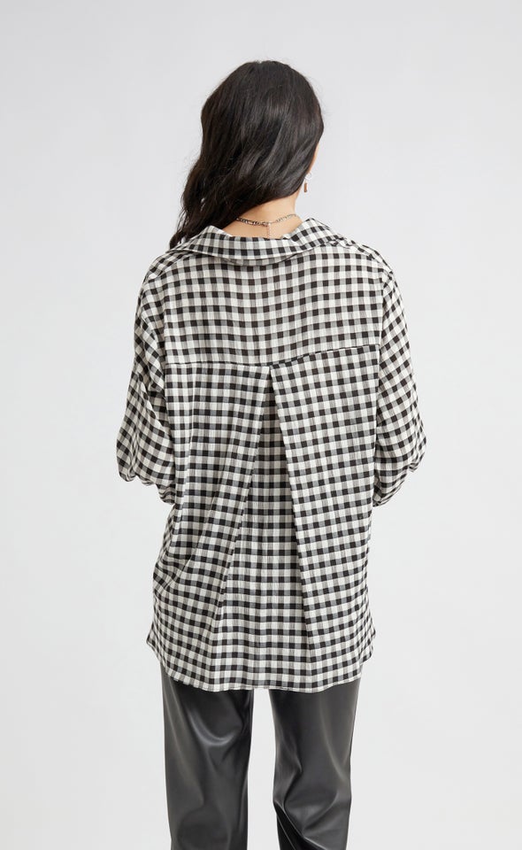 Shirred Sleeve Gingham Shirt Blk/white