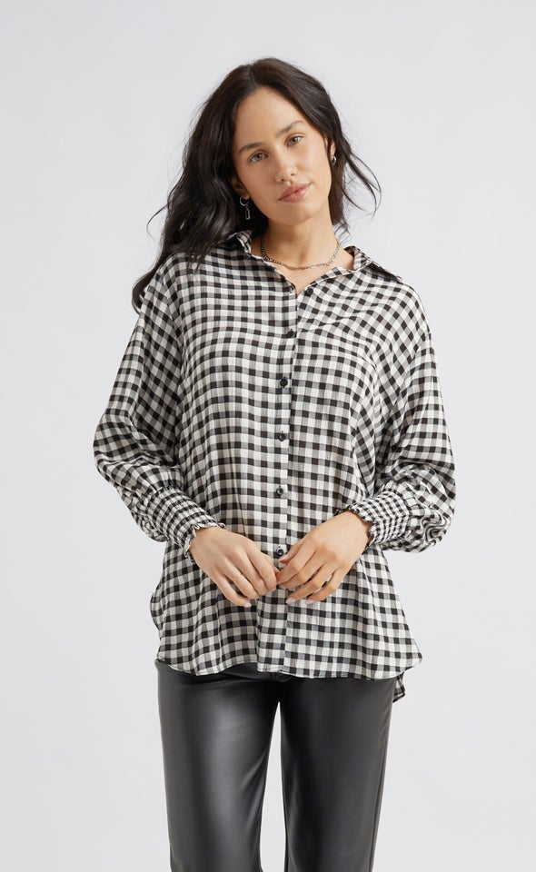 Shirred Sleeve Gingham Shirt Blk/white