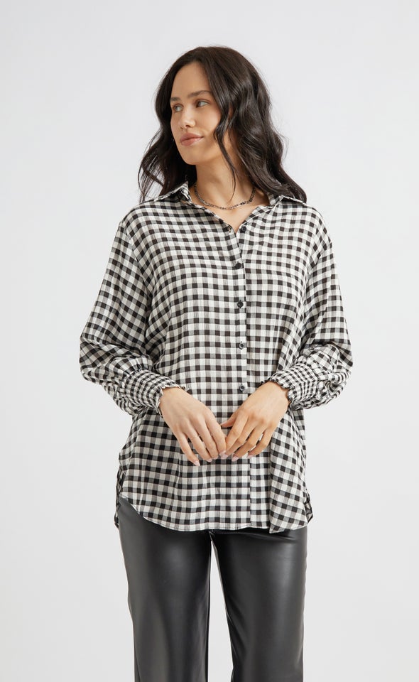 Shirred Sleeve Gingham Shirt Blk/white