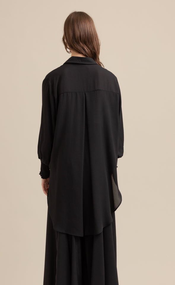 Shirred Sleeve Longline Shirt Black