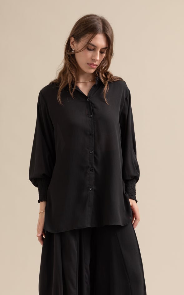 Shirred Sleeve Longline Shirt Black