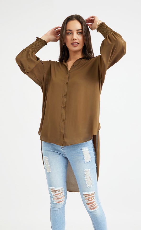 Shirred Sleeve Longline Shirt Cocoa