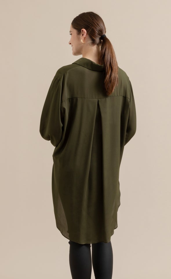 Shirred Sleeve Longline Shirt Khaki