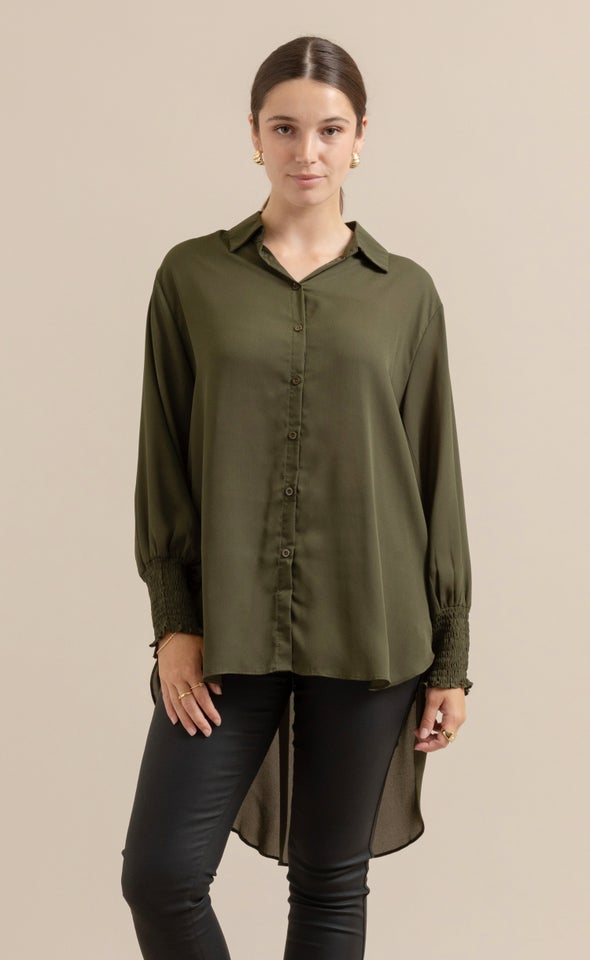 Shirred Sleeve Longline Shirt Khaki