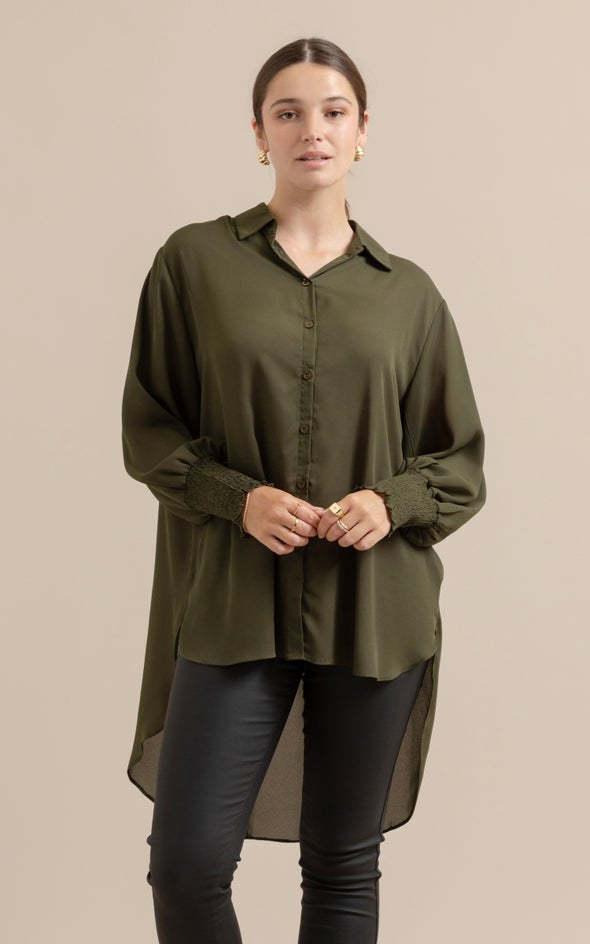 Shirred Sleeve Longline Shirt Khaki