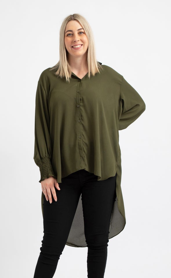 Shirred Sleeve Longline Shirt Khaki