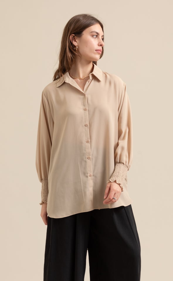 Shirred Sleeve Longline Shirt Latte