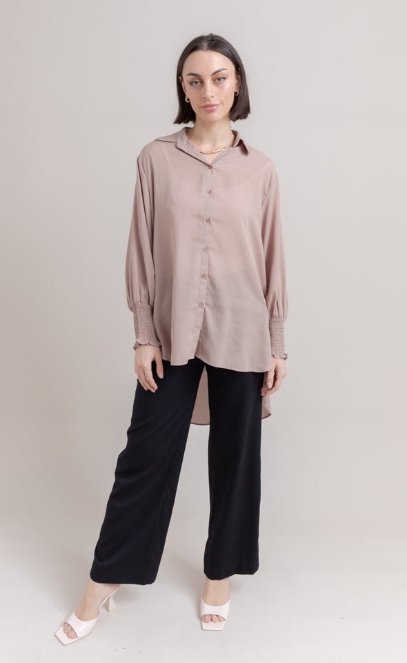 Shirred Sleeve Longline Shirt Natural
