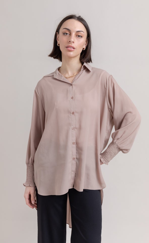 Shirred Sleeve Longline Shirt Natural