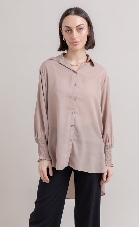 Shirred Sleeve Longline Shirt Natural