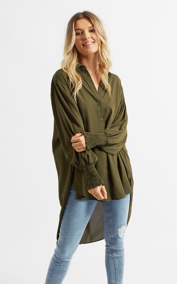 Shirred Sleeve Longline Shirt Olive