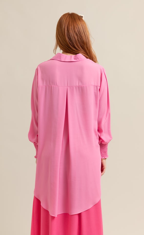 Shirred Sleeve Longline Shirt Pink