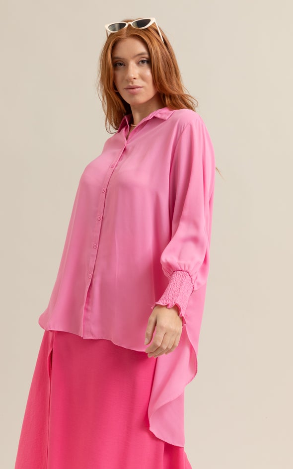 Shirred Sleeve Longline Shirt Pink