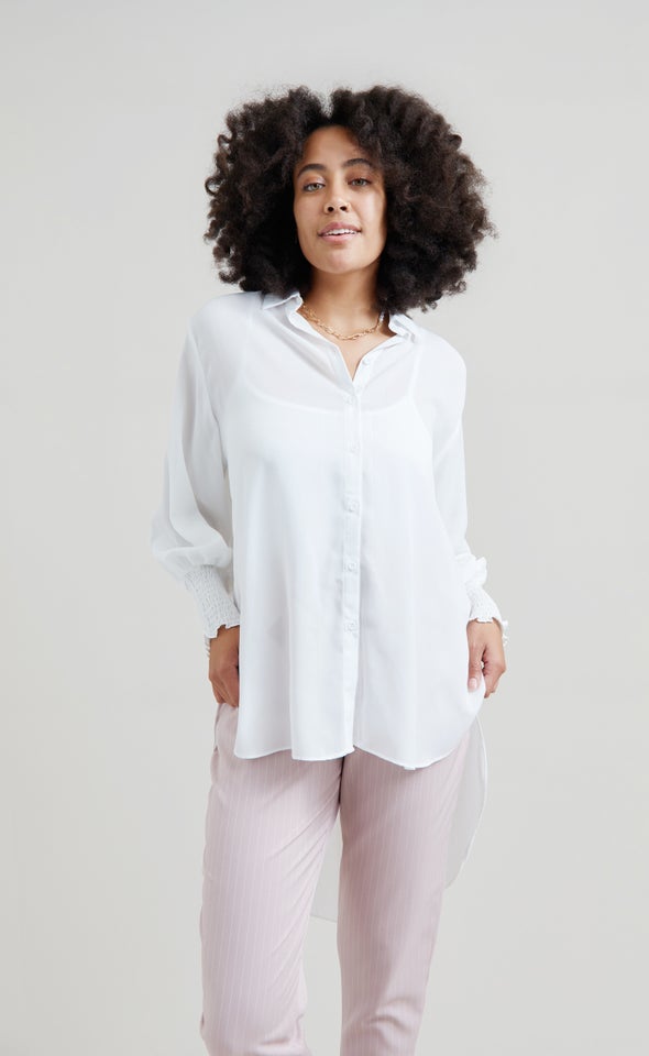 Shirred Sleeve Longline Shirt White