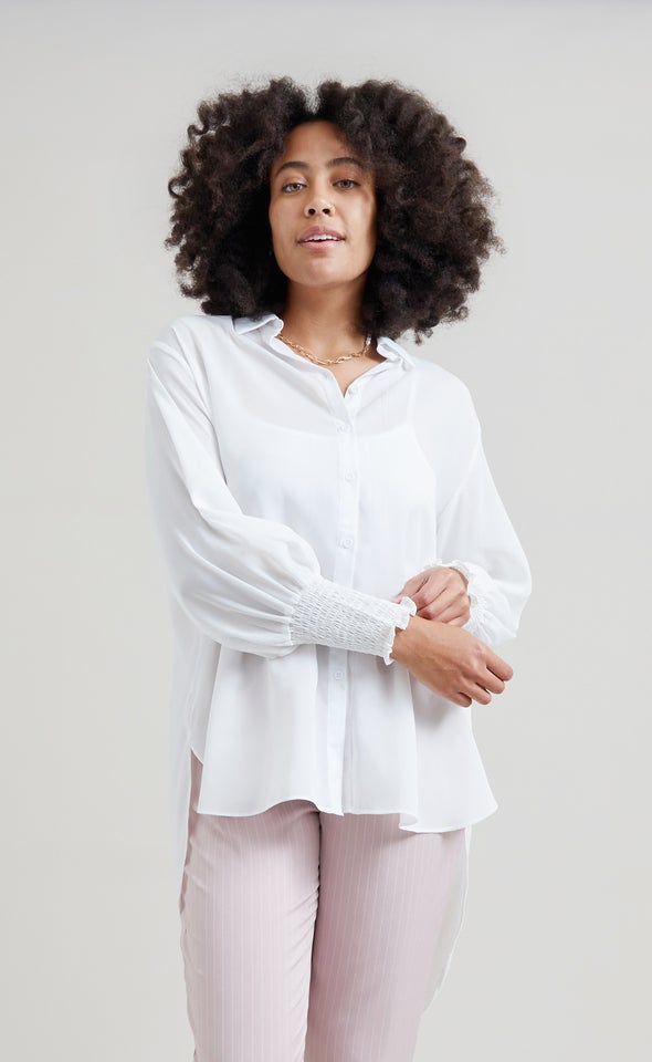 Shirred Sleeve Longline Shirt White